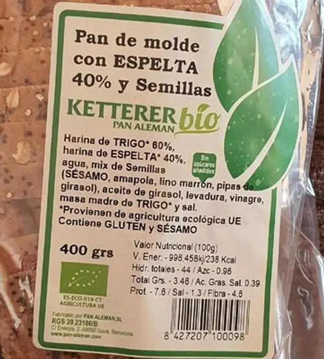Pan de molde con espelta 40% y semillas nutrition facts table