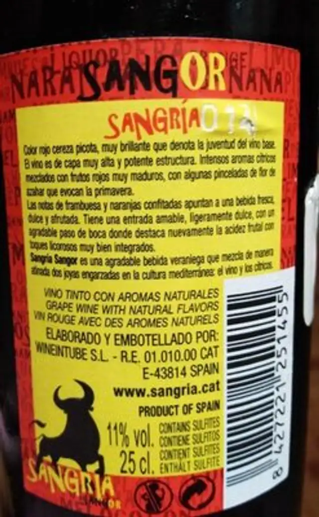Sangría nutrition facts table