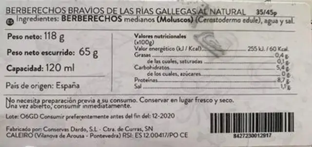 Berberechos al natural nutrition facts table