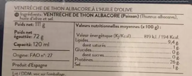 Ventresca De Atãºn Espinaler ingredients label