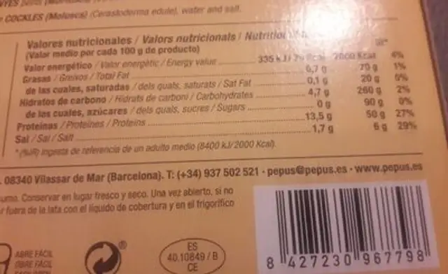 Pepus berberechos al natural nutrition facts table