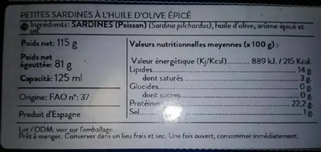 Sardinas "Sardinillas" En aceite de oliva nutrition facts table