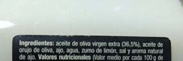 Salsa allí i oli ingredients label