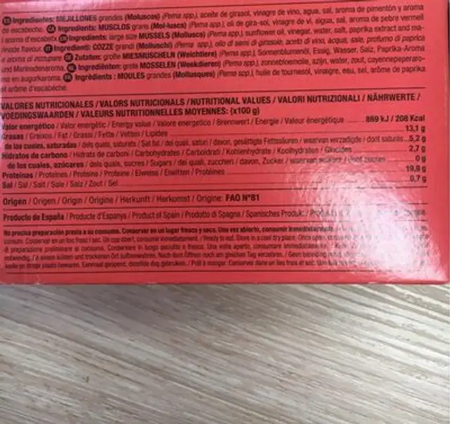 Mejillones en ecabeche nutrition facts table