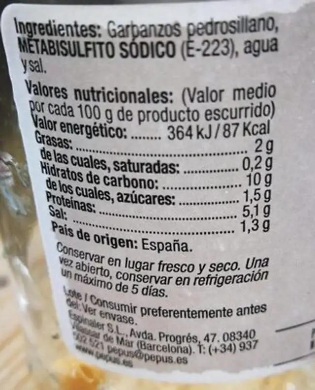 Garbanzos Extra nutrition facts table