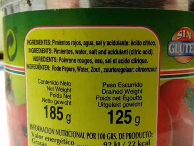Pimientos Rojos nutrition facts table