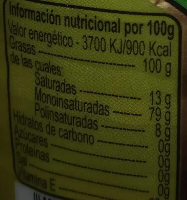Aceite nutrition facts table