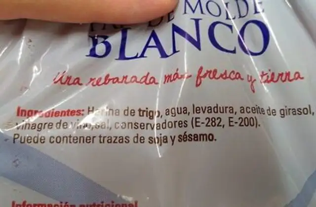 Pan de molde ingredients label