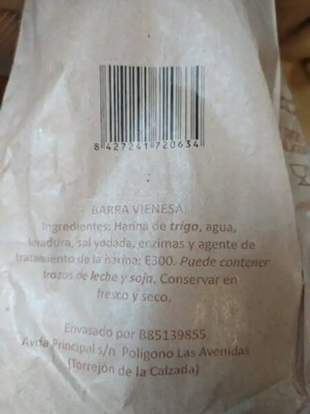 Barra vienesa ingredients label