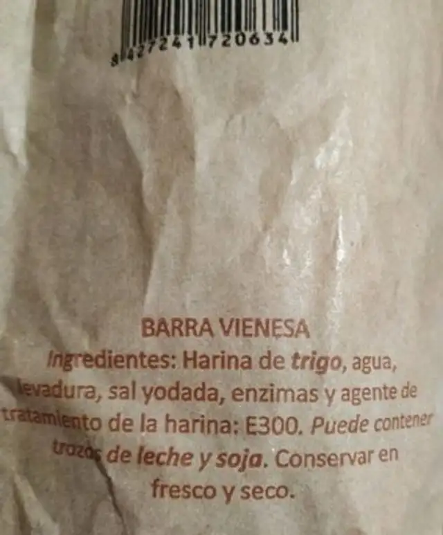 Barra vienesa nutrition facts table