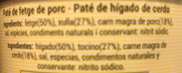 Paté Tradicional ingredients label