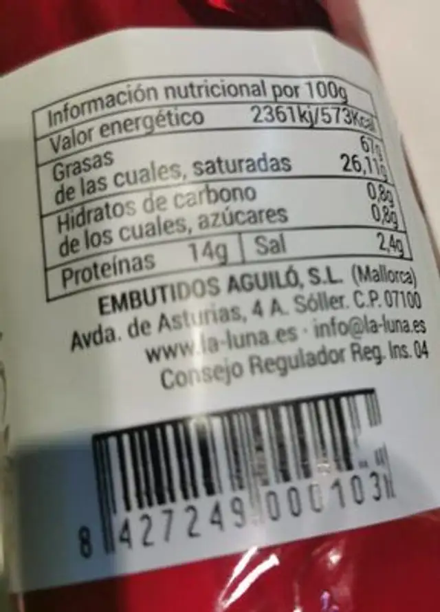 Original la luna sobrasada de Mallorca nutrition facts table