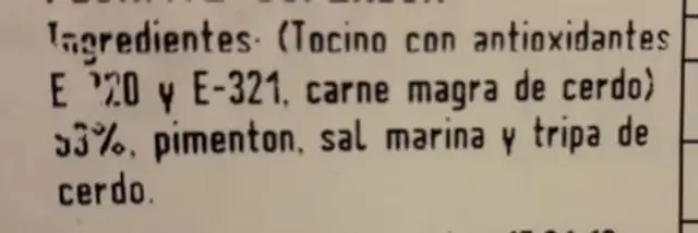 Sobrassada de Mallorca ingredients label