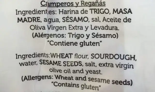 Surtido mixto ingredients label