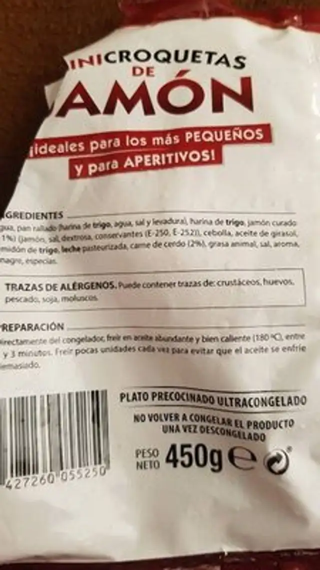 Minicrocretas de jamón ingredients label