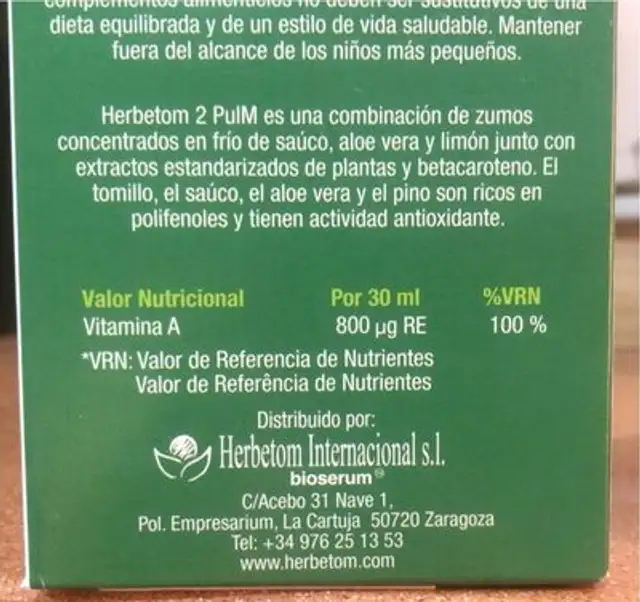 Herbetom PulM nutrition facts table