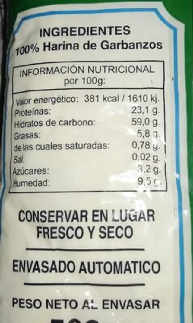 Harina de garbanzo nutrition facts table