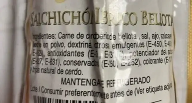 Salchichón de bellota ibérico ingredients label