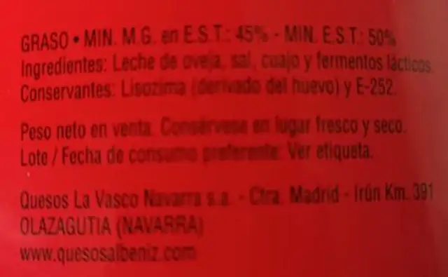 Queso madurado de oveja nutrition facts table