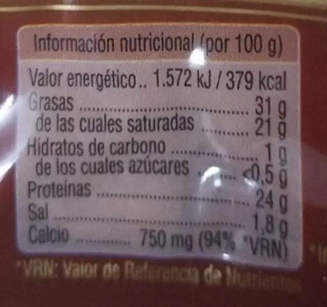 Queso curado nutrition facts table