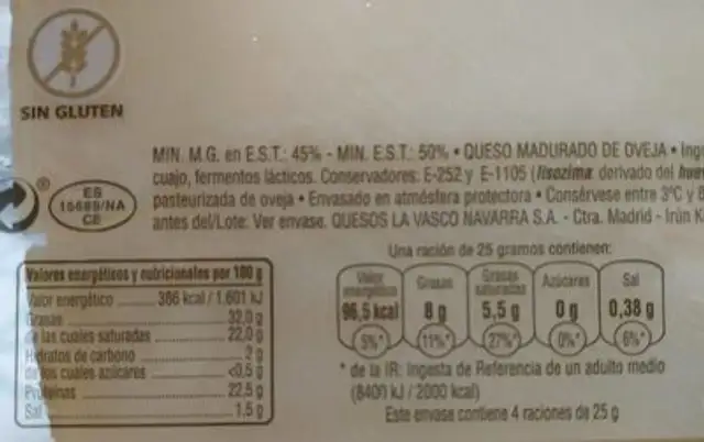 Queso de Oveja nutrition facts table