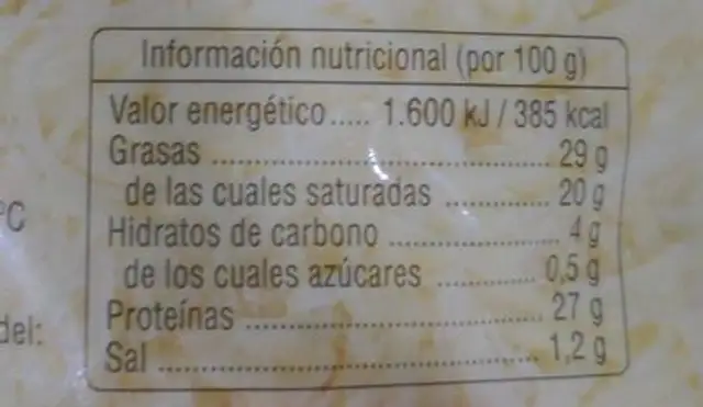Queso Emmental nutrition facts table