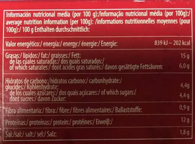 Burguer Vacuno-Cerdo nutrition facts table