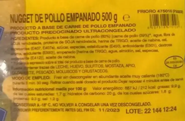 Nuggets de pollo empanado nutrition facts table