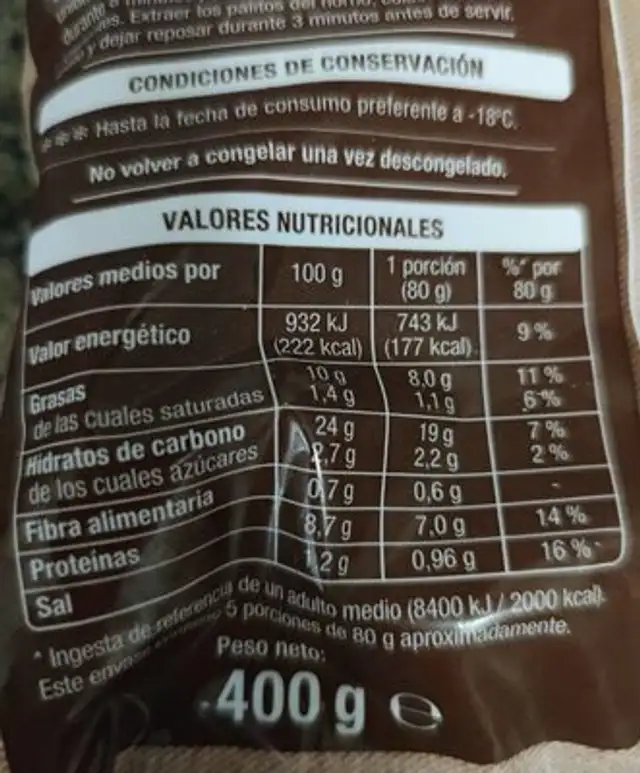 Palitos de merluza nutrition facts table