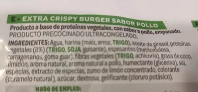 Extra Crispy Burger proteina 100% vegetal ingredients label