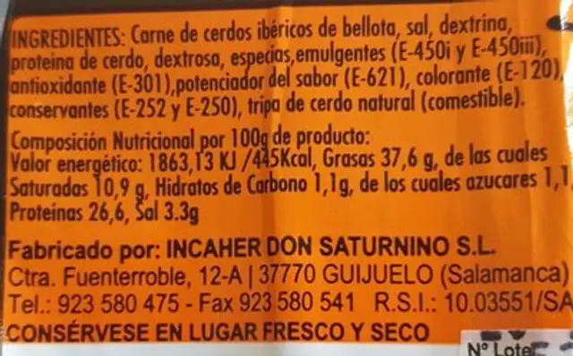 Salchichón Ibérico Bellota nutrition facts table