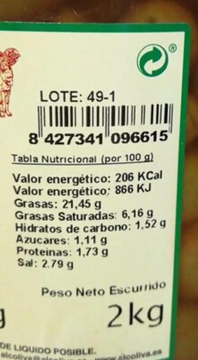 Aceitunas partidas con sabor berenjena nutrition facts table