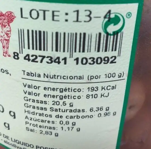 Aceitunas verdes partidas y aliñadas nutrition facts table