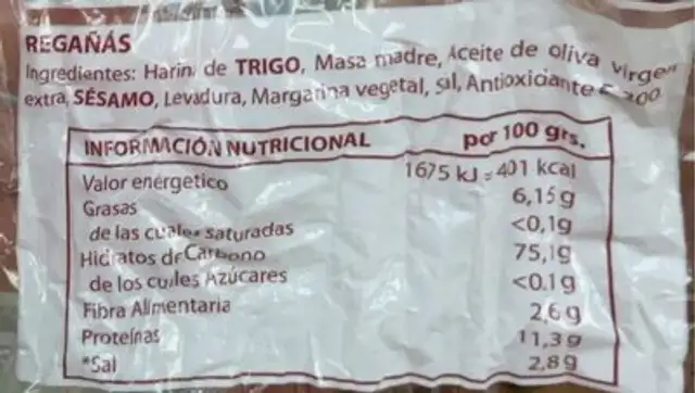 Regañas nutrition facts table