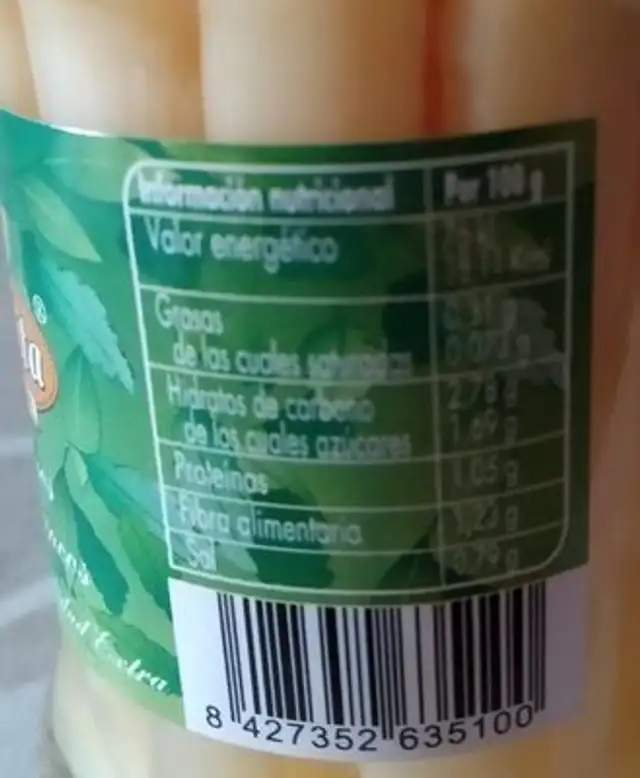 Espárragos cortos blanco nutrition facts table