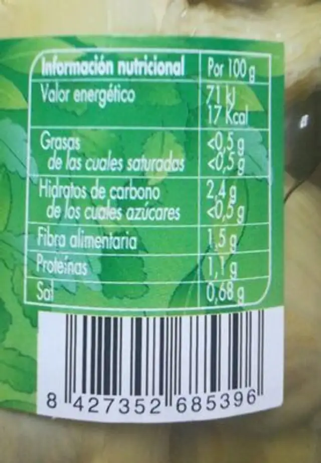 Corazones de alcachofa nutrition facts table