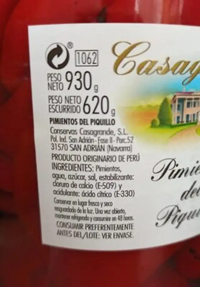 Pimientos del piquillo nutrition facts table