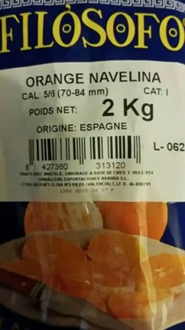 Oranges de table ingredients label