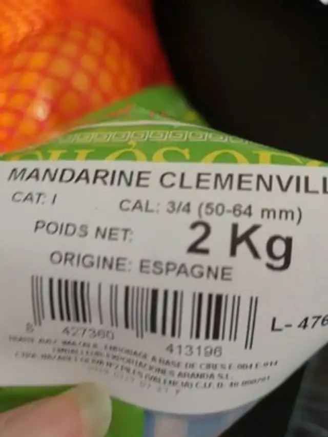 Mandarine ingredients label