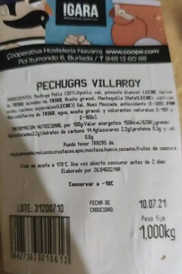 Pechugas villaroy nutrition facts table