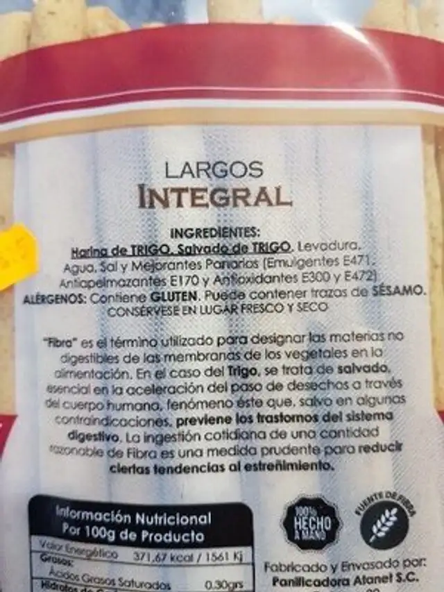 Pannet largos integral ingredients label