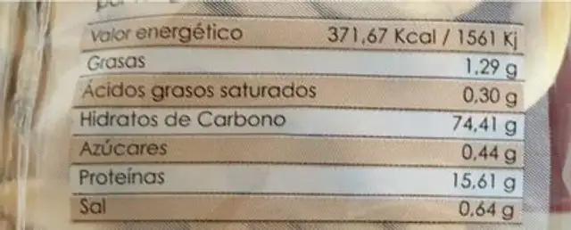 Rosquilletas nutrition facts table