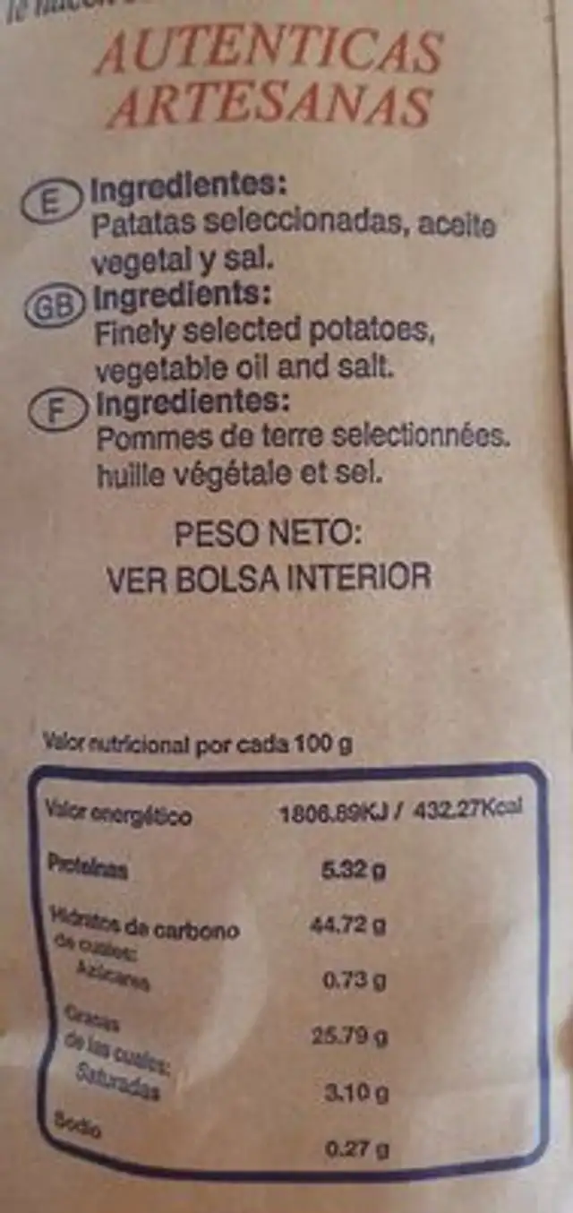Patatas fritas veracruz nutrition facts table