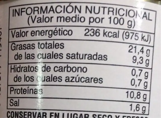 Diablillos nutrition facts table