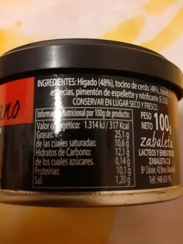 PATE artesano nutrition facts table