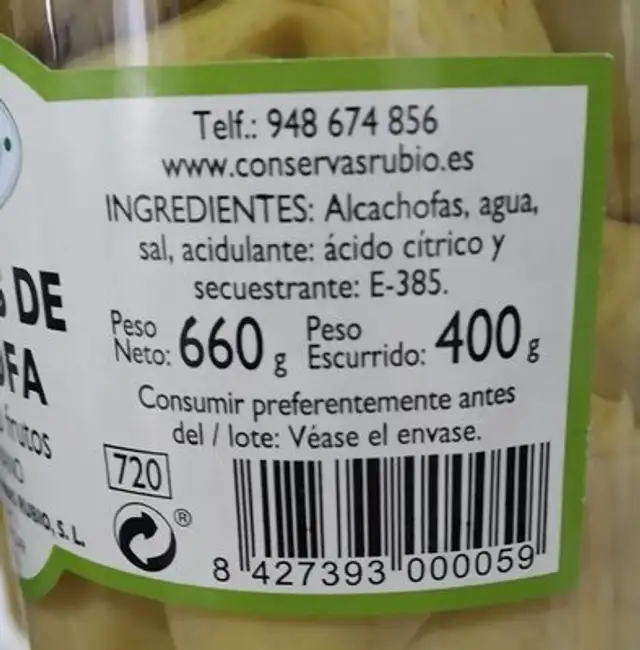 Corazones de alcachofa nutrition facts table