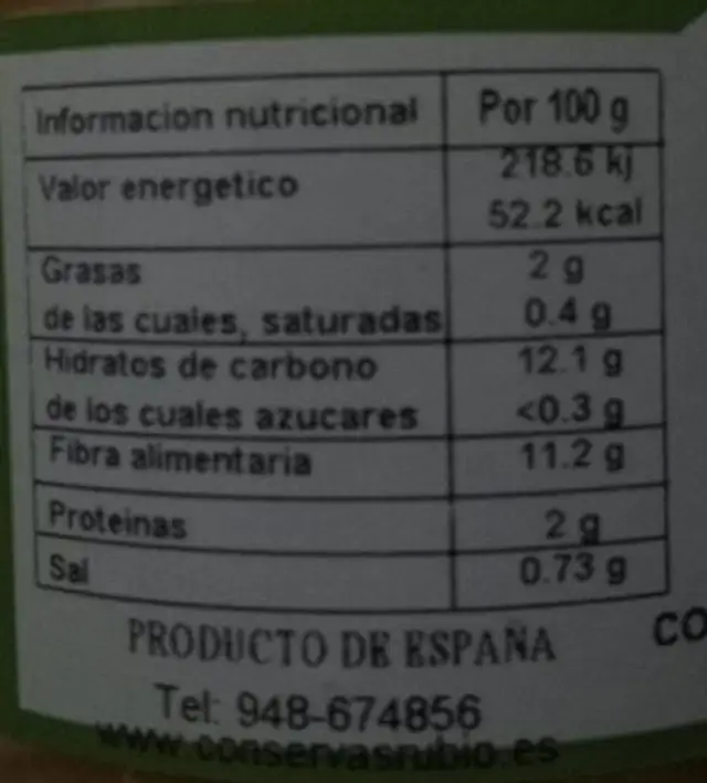 Garbanzos nutrition facts table