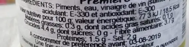 PIMENTS Premiere nutrition facts table