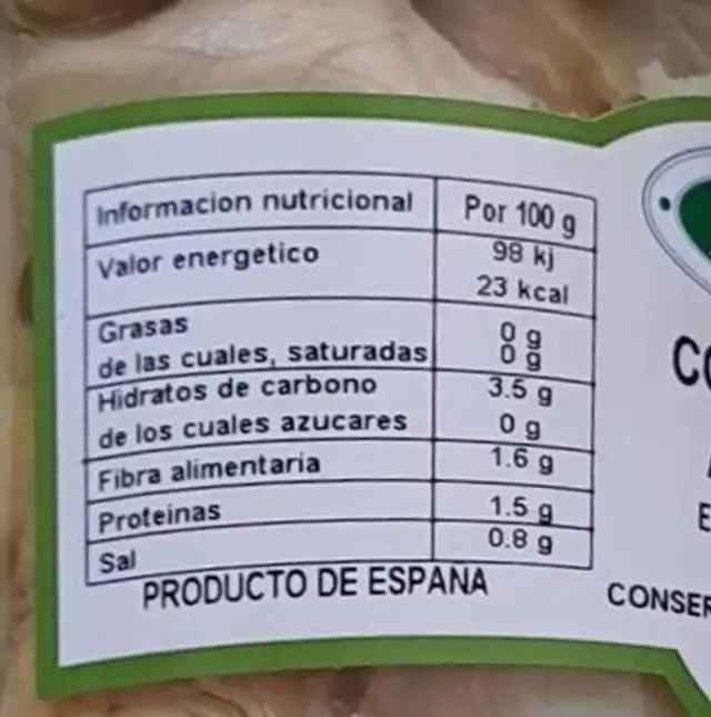Corazones de alcachofas nutrition facts table