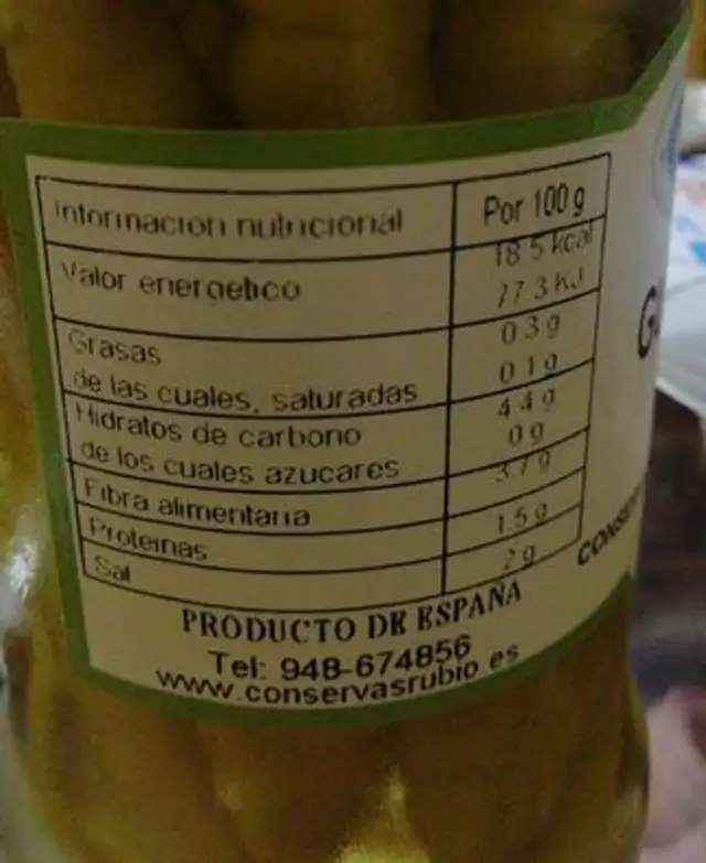 Guindillas Primera nutrition facts table